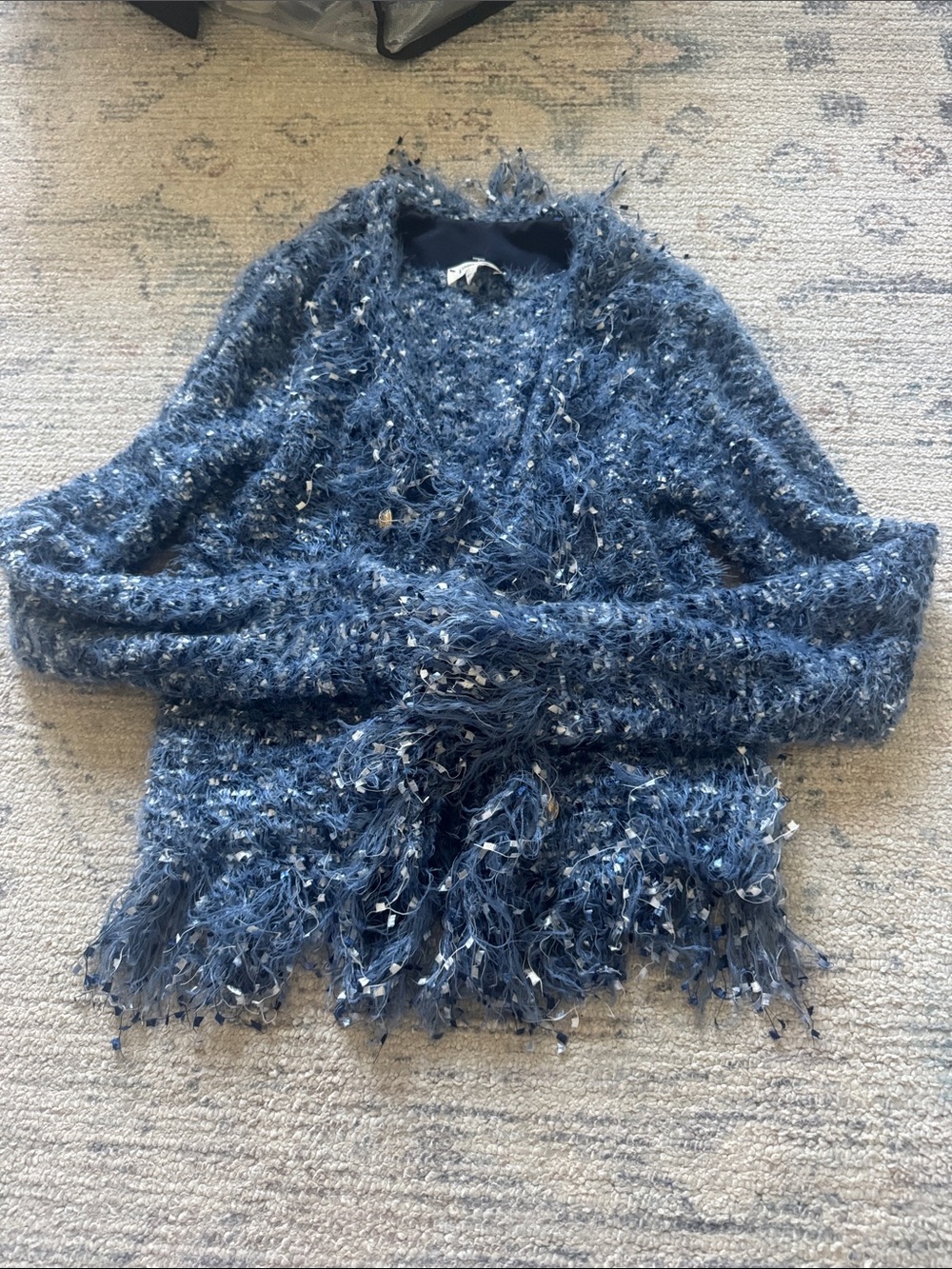 L'AGENCE Blue Textured Fringe Knit Cardigan